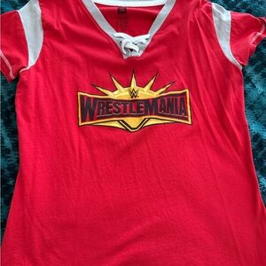 WWE Red and White Lace-Up Womens’ Tee with WrestleMania Logo